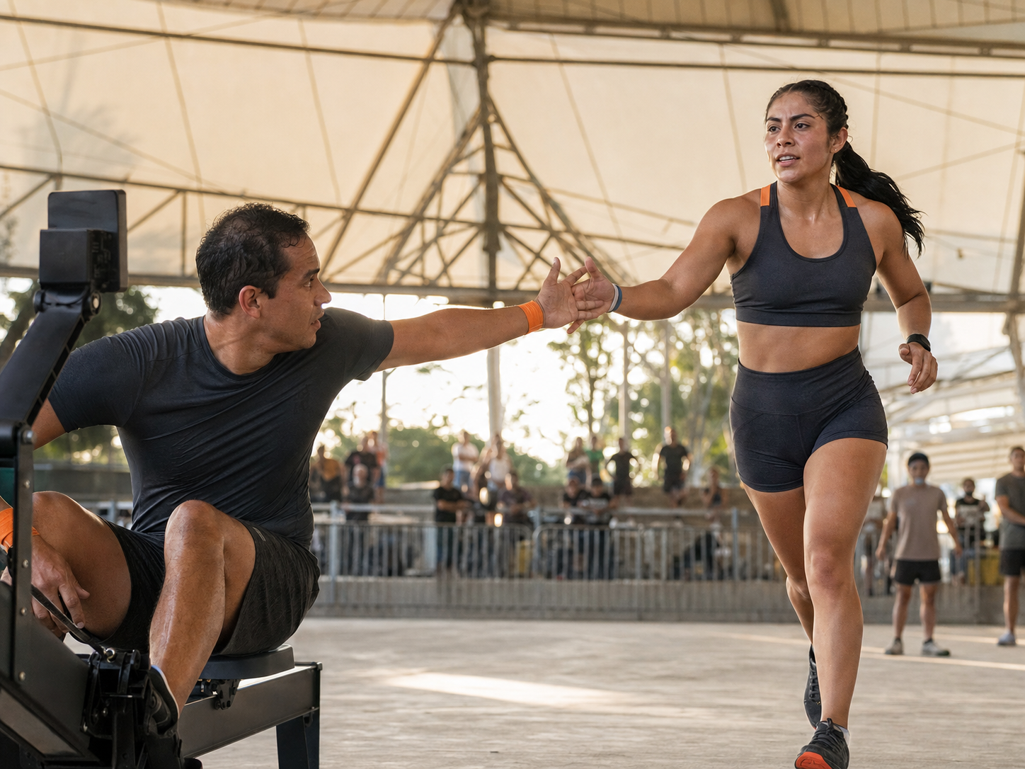 Pareja de atletas recreativos haciendo un relevo entre remo y carrera bajo La Velaria